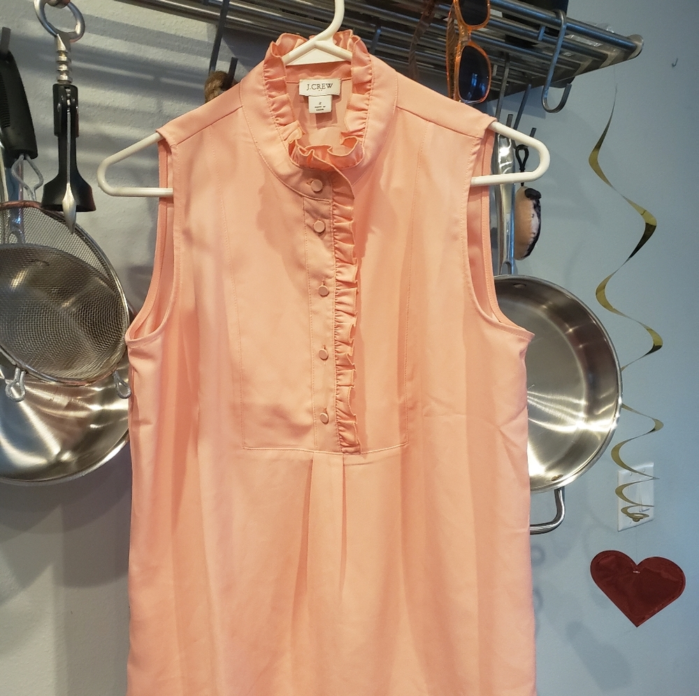 Coral Salmon J Crew sleeveless blouse button down ruffle high collar size 2